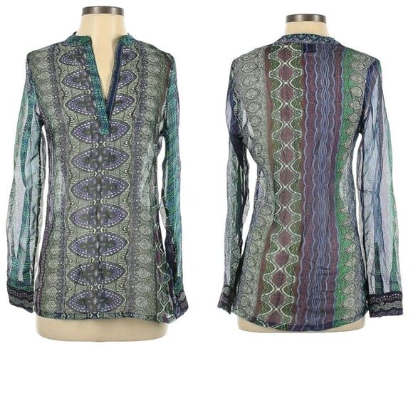 KAS Designs Sheer Long Blouse L Blue Green Medallion Leaf Print Boho Peasant - Picture 1 of 11